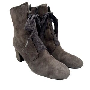 Paul Green Charcoal Suede Lace Up Ankle Boots Block Heel Women's 7.5, EUC